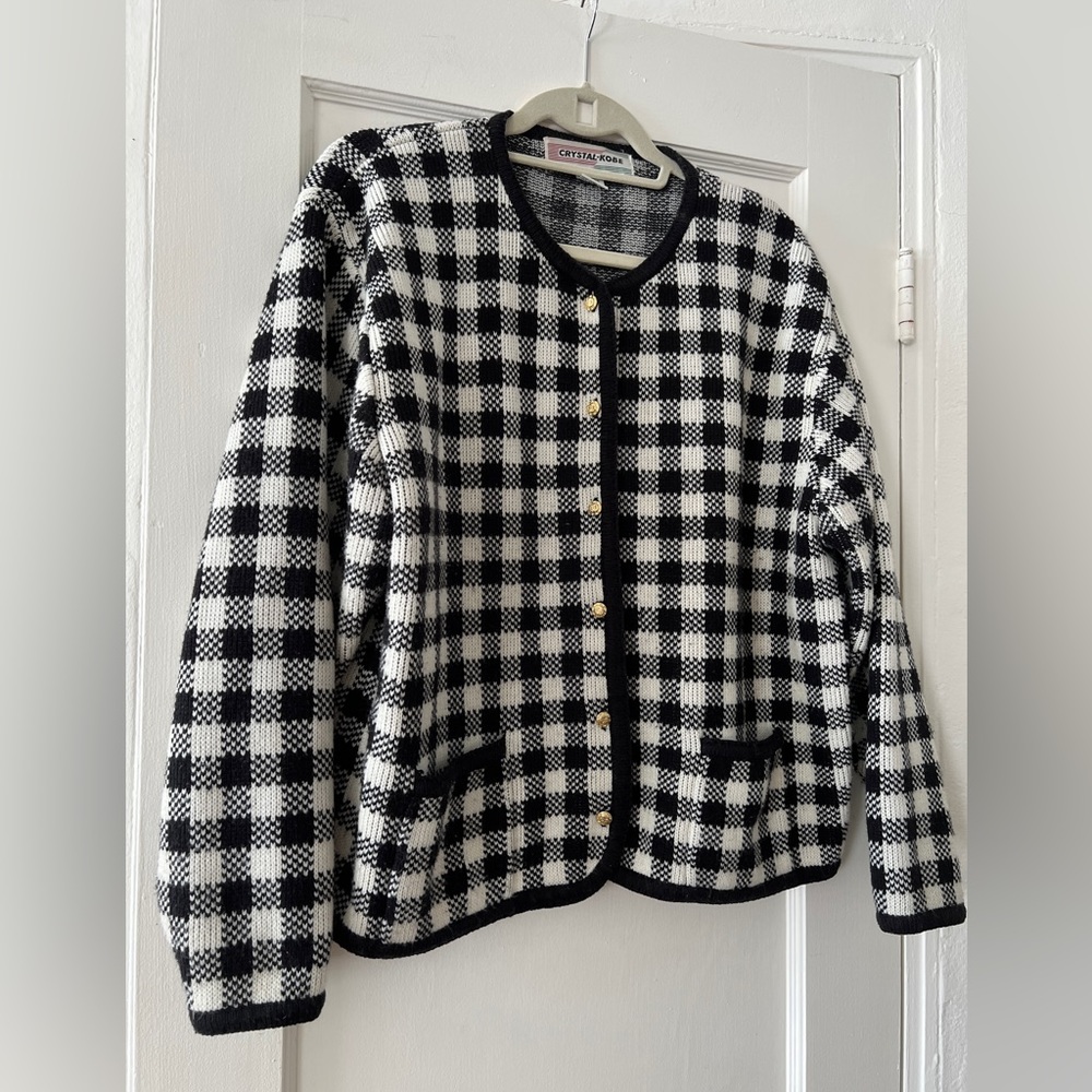 Vintage black white check plaid houndstooth cardigan lady jacket round neck